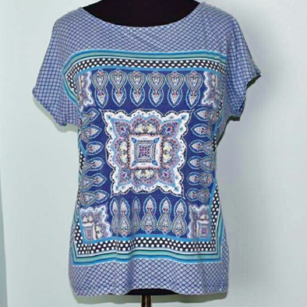 Boho Top LIZ CLAIBORNE Paisley Blue White Black Green Size Medium Petite